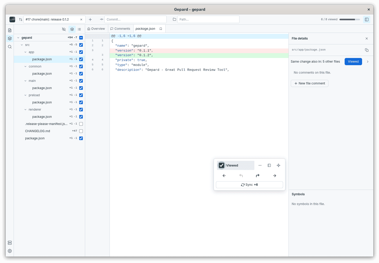 Gepard reviewing a pull request: file tree with viewed marks, diff view, floating viewed and sync controls, file details panel