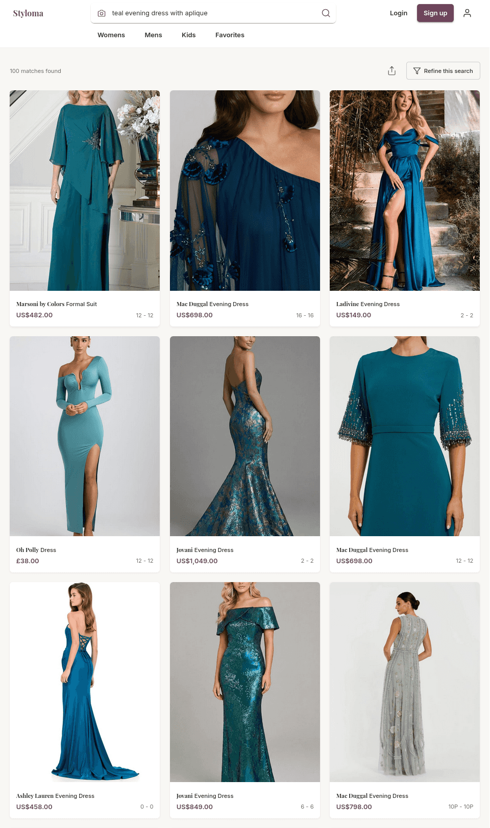 Search results view with grid of items matching the query